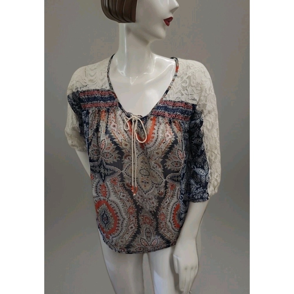 Miss Me Top Womens S Patchwork Lace‎ Insert V Neck Boho Peasant Grunge Fairy